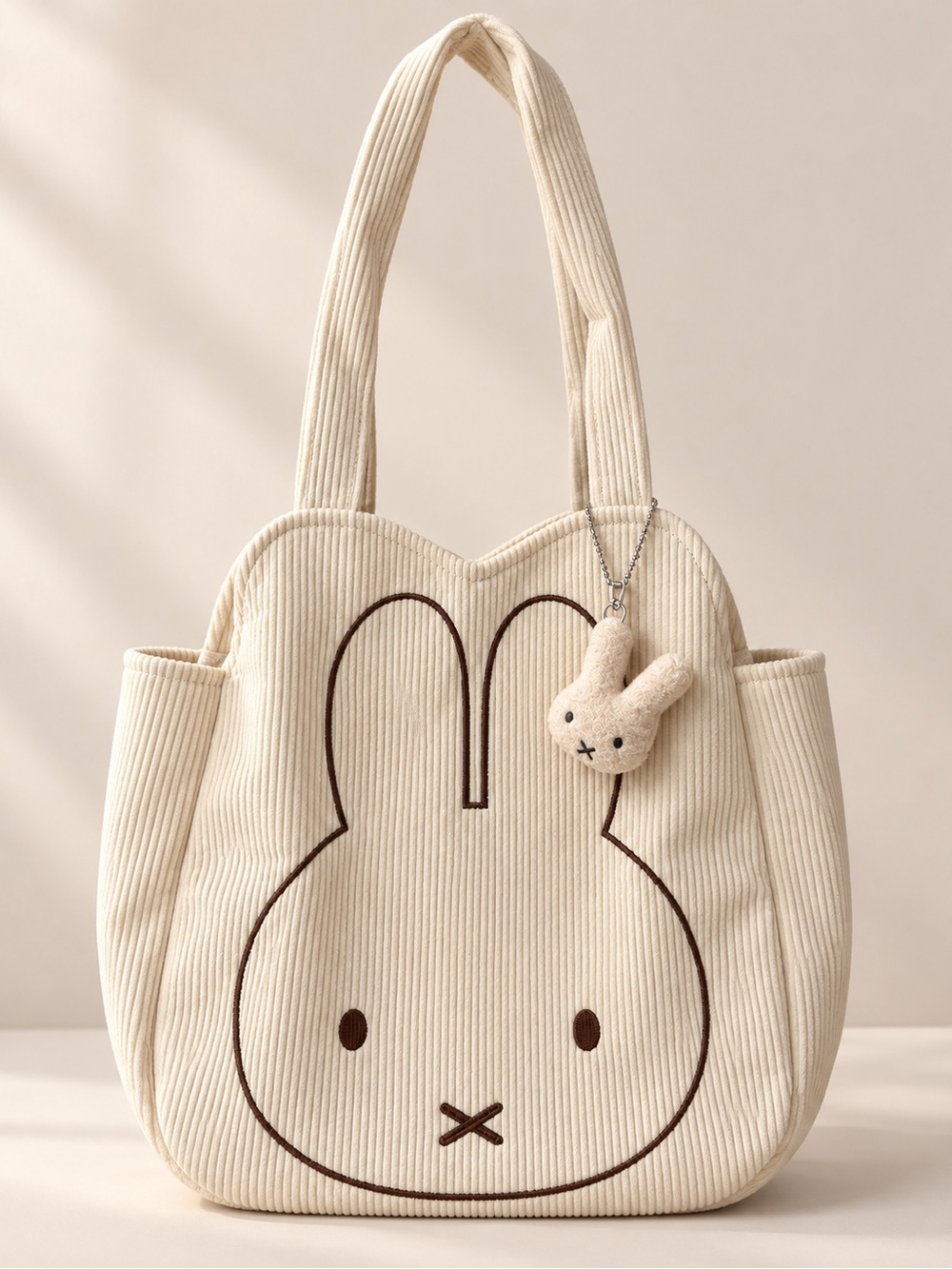 MIFFY Cream Bunny Corduroy Tote Bag - Cute Everyday Shoulder Bag